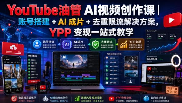 YouTube油管AI视频创作课｜账号搭建+AI成片+去重限流解决方案，YPP变现一站式教学-一鸣资源网