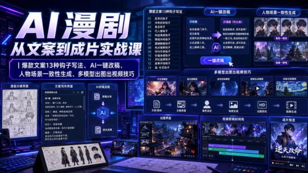 AI漫剧从文案到成片实战课｜爆款文案13种钩子写法、AI一键改稿、人物场景一致性生成、多模型出图出视频技巧-一鸣资源网