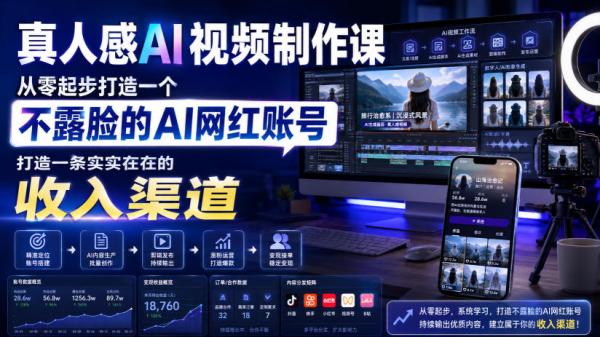 真人感AI视频制作课，从零起步打造一个不露脸的AI网红账号，打造一条实实在在的收入渠道【原创双语字幕】-一鸣资源网