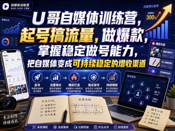 U哥自媒体训练营，起号搞流量，做爆款，掌握稳定做号能力，把自媒体变成可持续稳定的增收渠道-一鸣资源网