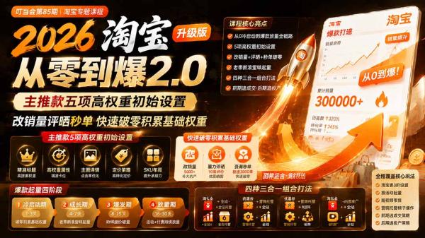 2026淘宝从零到爆2.0第85期；主推款五项高权重初始设置，改销量评晒秒单快速破零积累基础权重-一鸣资源网