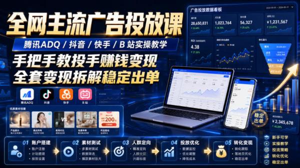 全网主流广告投放课，腾讯ADQ / 抖音 / 快手 / B 站实操教学，手把手教投手赚钱变现，全套变现拆解稳定出单-一鸣资源网
