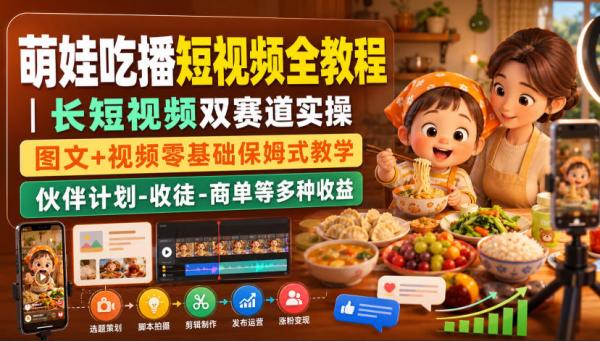 图片[1]-萌娃吃播短视频全教程｜长短视频双赛道实操，图文+视频零基础保姆式教学，伙伴计划-收徒-商单等多种变现方式-一鸣资源网