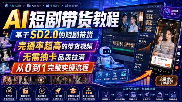 AI短剧带货教程，基于SD2.0的短剧带货，完播率超高的带货视频，无需抽卡品质拉满，从0到1完整实操流程-一鸣资源网