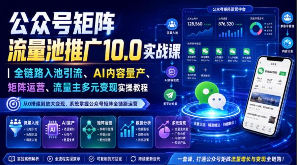 公众号矩阵流量池推广10.0实战课｜全链路入池引流、AI内容量产、矩阵运营、流量主多元变现实操教程-一鸣资源网