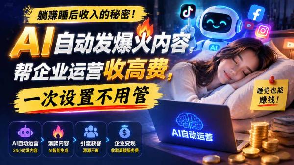 躺赚睡后收入的秘密！AI 自动发爆火内容，帮企业运营收高费，一次设置不用管【原创双语字幕】-一鸣资源网