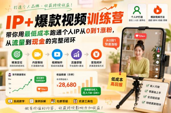 图片[1]-IP+爆款视频训练营，带你用最低成本跑通个人IP从0到1涨粉，从流量到现金的完整闭环-一鸣资源网