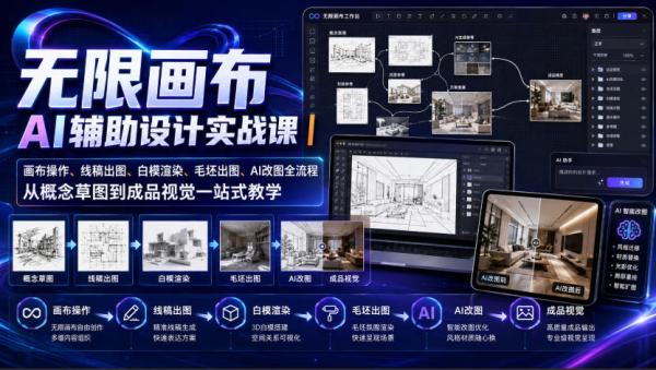 无限画布AI辅助设计实战课｜画布操作、线稿出图、白模渲染、毛坯出图、AI改图全流程，从概念草图到成品视觉一站式教学-一鸣资源网
