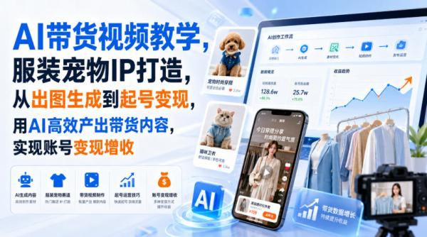 AI带货视频教学，服装宠物IP打造，从出图生成到起号变现，用AI高效产出带货内容，实现账号变现增收-一鸣资源网