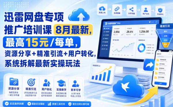 迅雷网盘专项推广培训课8月最新，最高15米/每单，资源分享+精准引流+用户转化，系统拆解最新实操玩法(更新0824)-一鸣资源网