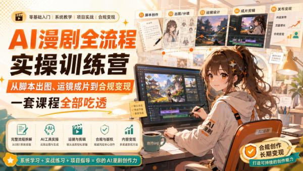 AI漫剧全流程实操训练营，从脚本出图、运镜成片到合规变现，一套课程全部吃透-一鸣资源网