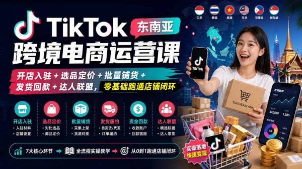 TikTok东南亚跨境电商运营课：开店入驻+选品定价+批量铺货+发货回款+达人联盟，零基础跑通店铺闭环-一鸣资源网