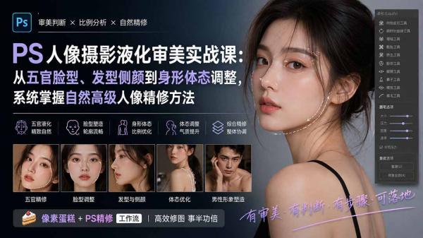 PS人像摄影液化审美实战课：从五官脸型、发型侧颜到身形体态调整，系统掌握自然高级人像精修方法-一鸣资源网