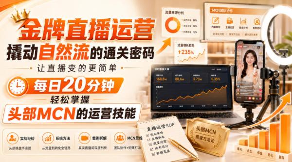 金牌直播运营撬动自然流的通关密码，让直播变的更简单，每日20分钟，轻松掌握头部MCN的运营技能-一鸣资源网