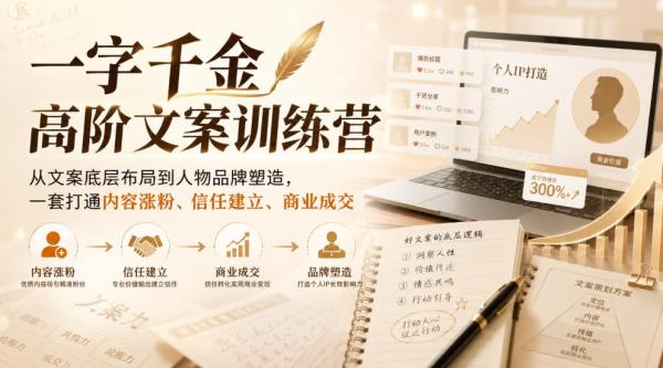 一字千金高阶文案训练营，从文案底层布局到人物品牌塑造，一套打通内容涨粉、信任建立、商业成交-一鸣资源网