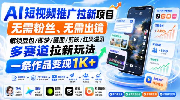 图片[1]-AI短视频推广拉新项目，无需粉丝、无需出镜，解锁豆包/即梦/醒图/剪映/红果漫剧多赛道拉新玩法，一条作品变现1K+-一鸣资源网