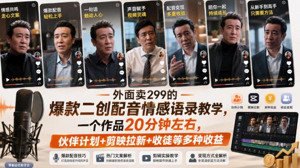 图片[1]-外面卖299的爆款二创配音情感语录教学，一个作品20分钟左右，伙伴计划+剪映拉新+收徒等多种收益-一鸣资源网