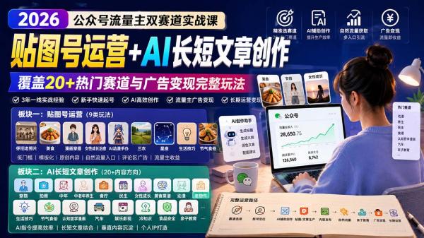 公众号流量主双赛道实战课：贴图号运营+AI长短文章创作，覆盖20+热门赛道与广告变现完整玩法-一鸣资源网