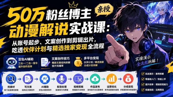50万粉丝博主亲授动漫解说实战课：从账号起步、文案创作到剪辑出片，吃透伙伴计划与精选独家变现全流程-一鸣资源网