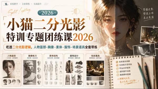 小猫二分光影特训专题团练课2026｜吃透二分光影逻辑，人物面部‑胸像‑素体‑服饰‑场景道具全套带练，高清画质附赠课件与笔刷-一鸣资源网