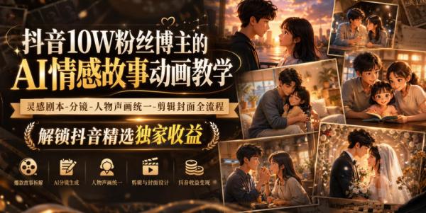 抖音10W粉丝博主的AI情感故事动画教学，灵感剧本‑分镜‑人物声画统一‑剪辑封面全流程，解锁抖音精选独家收益-一鸣资源网