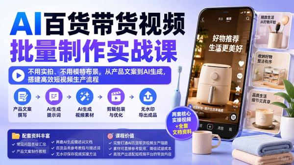 图片[1]-AI百货带货视频批量制作实战课：不用实拍、不用模特布景，从产品文案到AI生成，搭建高效短视频生产流程-一鸣资源网