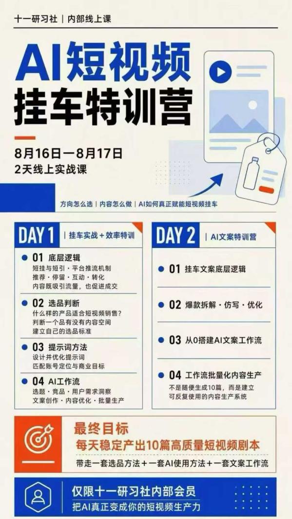 AI短视频挂车生产力8月16-17线上课实战营：2天掌握选品方法+AI使用方法+文案工作流，建立每天10篇高质量剧本生产线-一鸣资源网
