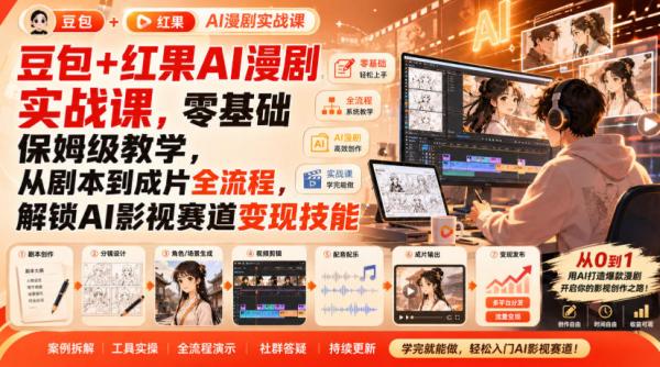 豆包+红果AI漫剧实战课，零基础保姆级教学，从剧本到成片全流程，解锁AI影视赛道变现技能-一鸣资源网