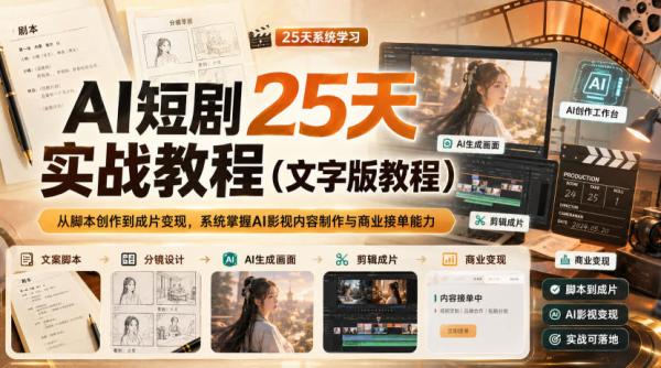 AI短剧25天实战教程(文字版教程)，从脚本创作到成片变现，系统掌握AI影视内容制作与商业接单能力-一鸣资源网