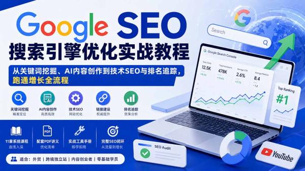 Google SEO搜索引擎优化实战教程：从关键词挖掘、AI内容创作到技术SEO与排名追踪，跑通增长全流程-一鸣资源网
