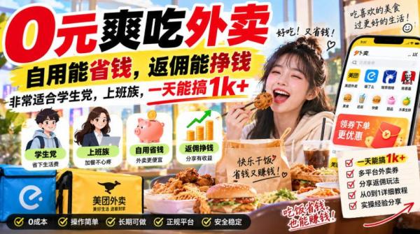 0元爽吃外卖，自用能省钱，返佣能挣钱，非常适合学生党，上班族，一天能搞1k+-一鸣资源网