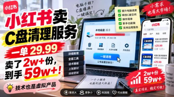 小红书卖C盘清理服务，一单29.99，卖了2w+份，技术也是虚拟产品-一鸣资源网