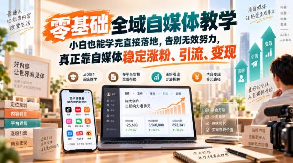 零基础全域自媒体教学，小白也能学完直接落地，告别无效努力，真正靠自媒体稳定涨粉、引流、变现-一鸣资源网