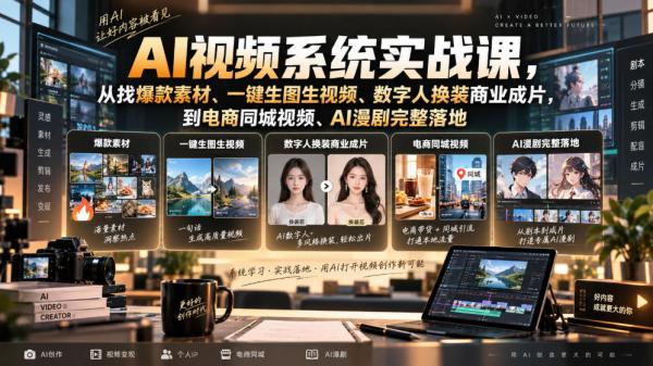AI视频系统实战课，从找爆款素材、一键生图生视频、数字人换装商业成片，到电商同城视频、AI漫剧完整落地-一鸣资源网
