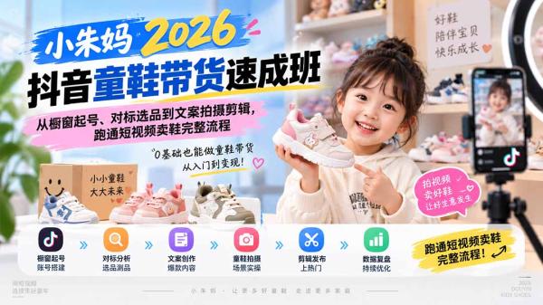 小朱妈2026抖音童鞋带货速成班：从橱窗起号、对标选品到文案拍摄剪辑，跑通短视频卖鞋完整流程-一鸣资源网