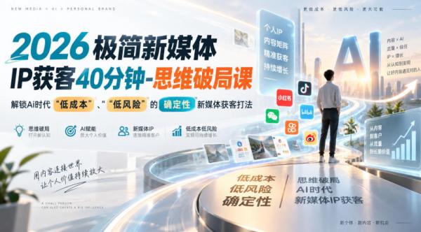 2026极简新媒体IP获客40分钟-思维破局课，解锁Ai时代“低成本”、“低风险”的确定性新媒体获客打法-一鸣资源网