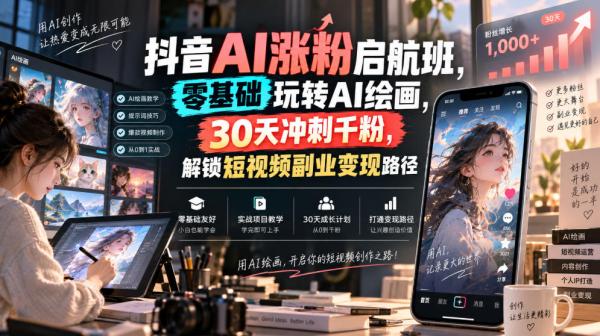 图片[1]-抖音AI涨粉启航班，零基础玩转AI绘画，30天冲刺千粉，解锁短视频副业变现路径-一鸣资源网