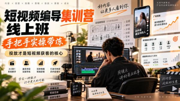 短视频编导集训营线上班，手把手实操带冻，投放才是短视频获客的核心-一鸣资源网