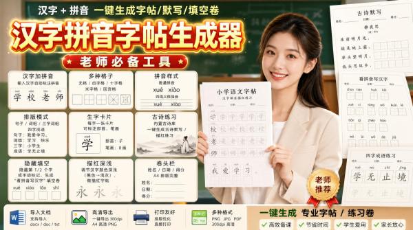 图片[1]-学习神器，汉字拼音字帖生成器，汉字+拼音 一键生成字帖/默写/填空卷，支持词组、成语，老师、家长必备-一鸣资源网