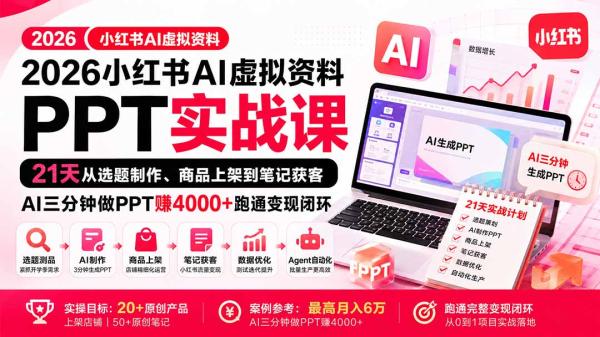 2026小红书AI虚拟资料PPT实战课：21天从选题制作、商品上架到笔记获客，AI三分钟做PPT赚4000+跑通变现闭环-一鸣资源网