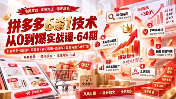 拼多多6杀1技术从0到爆实战课-64期：机会商品+防比价+限量购+全站营销+直通车+裂变完整六步打法-一鸣资源网