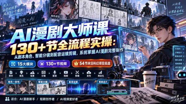 AI漫剧大师课130+节全流程实操：从剧本角色、智能分镜到配音运镜剪辑，系统掌握AI漫剧完整制作-一鸣资源网