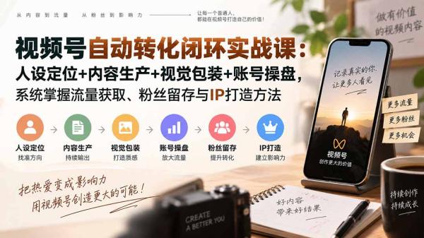 视频号自动转化闭环实战课：人设定位+内容生产+视觉包装+账号操盘，系统掌握流量获取、粉丝留存与IP打造方法-一鸣资源网