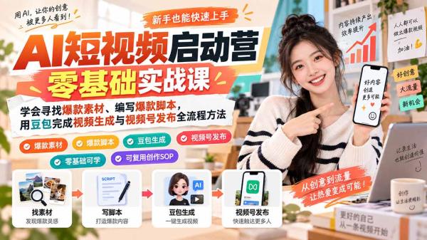 AI短视频启动营零基础实战课：学会寻找爆款素材、编写爆款脚本，用豆包完成视频生成与视频号发布全流程方法-一鸣资源网