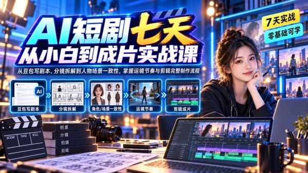 AI短剧七天从小白到成片实战课：从豆包写剧本、分镜拆解到人物场景一致性，掌握运镜节奏与剪辑完整制作流程-一鸣资源网