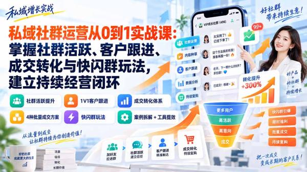 私域社群运营从0到1实战课：掌握社群活跃、客户跟进、成交转化与快闪群玩法，建立持续经营闭环-一鸣资源网