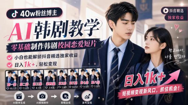 图片[1]-抖音40w粉丝博主AI韩剧教学，零基础制作韩剧校园恋爱短片，小白也能解锁抖音精选独家收益，日入1k+-一鸣资源网