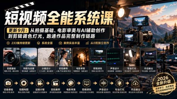 短视频全能系统课-9月完整版：从拍摄基础、电影审美与AI辅助创作到剪辑调色灯光，跑通作品完整制作链路-一鸣资源网