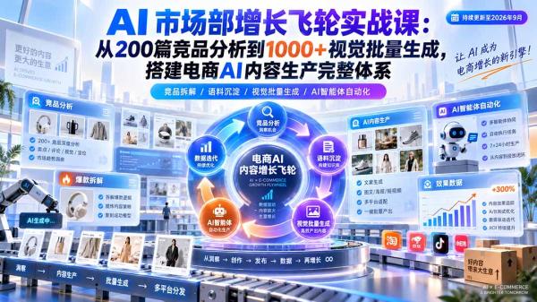 AI 市场部增长飞轮实战课：从200篇竞品分析到1000+视觉批量生成，搭建电商AI内容生产完整体系-一鸣资源网