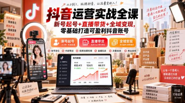 抖音运营实战全课｜新号起号+直播带货+全域变现，零基础打造可盈利抖音账号-一鸣资源网